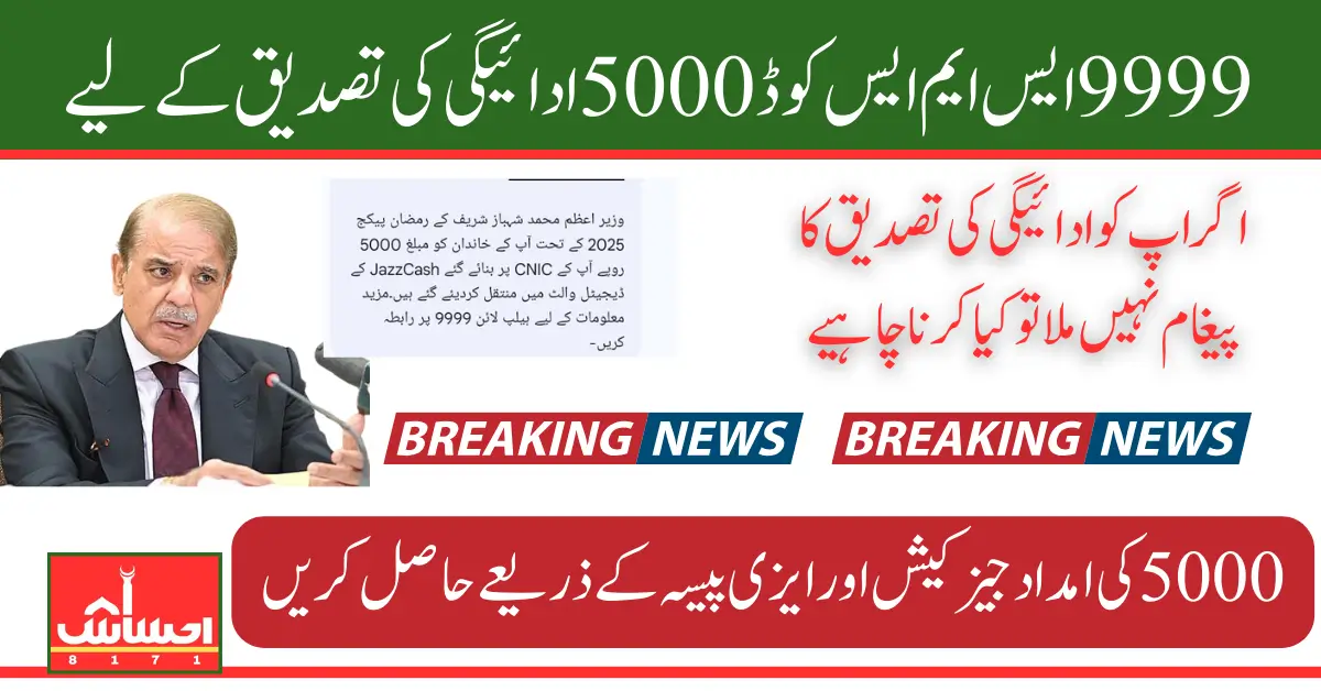 9999 SMS Code for Payment Confirmation Shahbaz Sharif Scheme Full Details